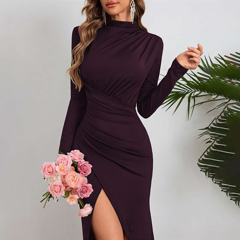 Halter Whit Maxi Dresses YJ Autumn New Fashionable Style Medium High Collar Shrink Fold Split Slim Long Sleeve Dress For Women Prom Sexy Dress
