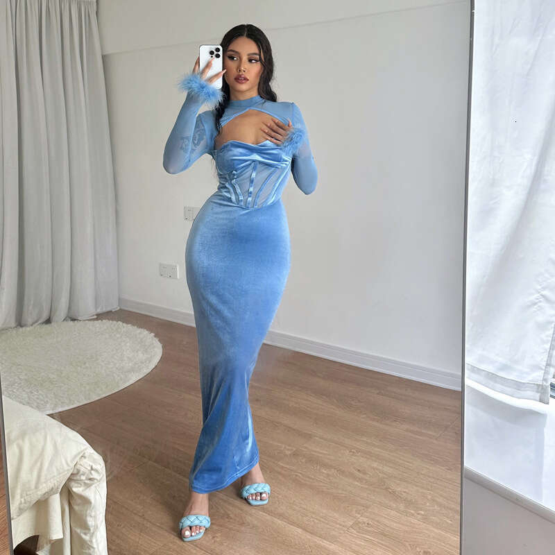 Halter Whit Maxi Dresses Spring Women S New Plush Mesh Splicing Sexy Nightclub Style Hollow Long Skirt Slimming Dress Prom Sexy Dress