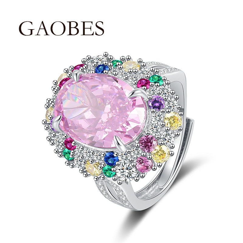 S925 Sterling Silver Padparadscha Pink High Carbon Diamond Egg-Shaped Open Band Ring, Multicolored Gemstone Women's Fashionable Luxury Diamond Ri