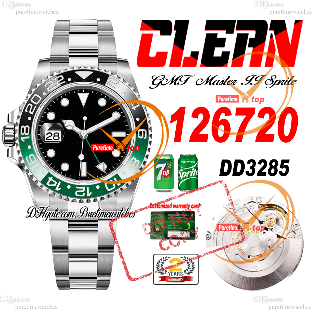 Sprite GMT DD3285 Automatic Mens Watch Clean CF 40mm Green Ceramics Bezel Black Dial 904L Steel Bracelet Same Serial Warranty Card CHS Swisstime Left Hand 15 Styles