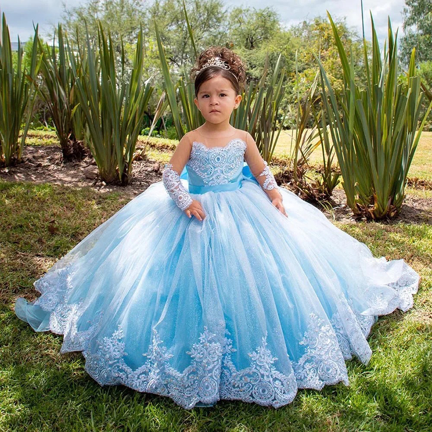 Lace Appliques Flower Girl Dresses For Wedding Full Sleeves Princess First Communion Dress Toddlers Long Birthday Party Gowns