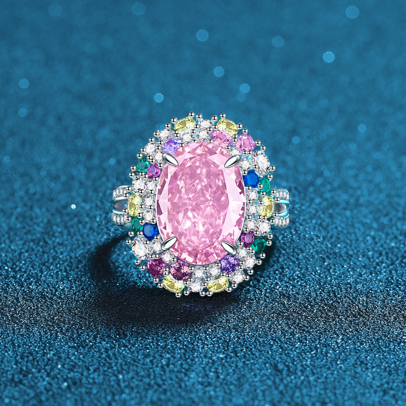 S925 Sterling Silver Padparadscha Pink High Carbon Diamond Egg-Shaped Open Band Ring, Multicolored Gemstone Women's Fashionable Luxury Diamond Ri