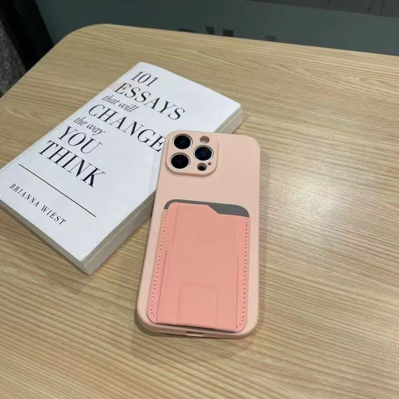 Trendy brand solid color leather single card holder Apple 16promax phone case iPhone 15 12 14Plus 13pro max fashionable