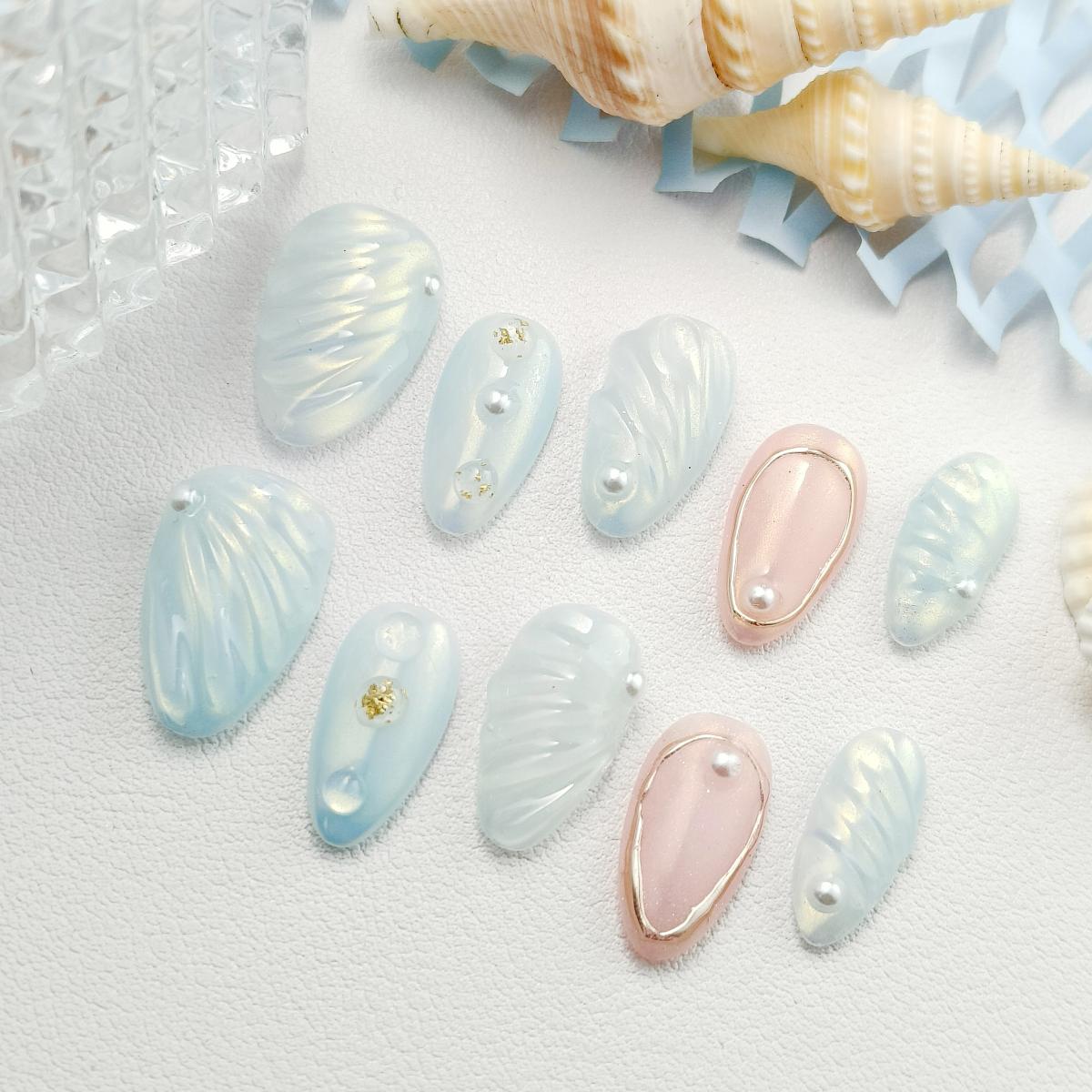 10pcs Ocean series Handmade Press-on nail Shore Almond Nails 3D Hand drawn Fake nails Bundle Sweet Pearl Finished nail stickers Free storage box jelly