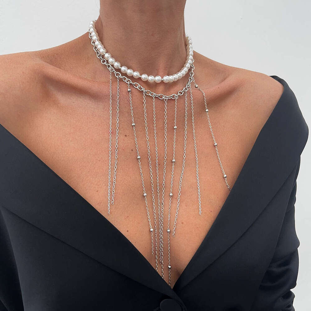 Layered Cross Pendant Necklace with Pearl Tassel Accents Modern Minimalist Collarbone Chain for Stackable Jewelry Looks