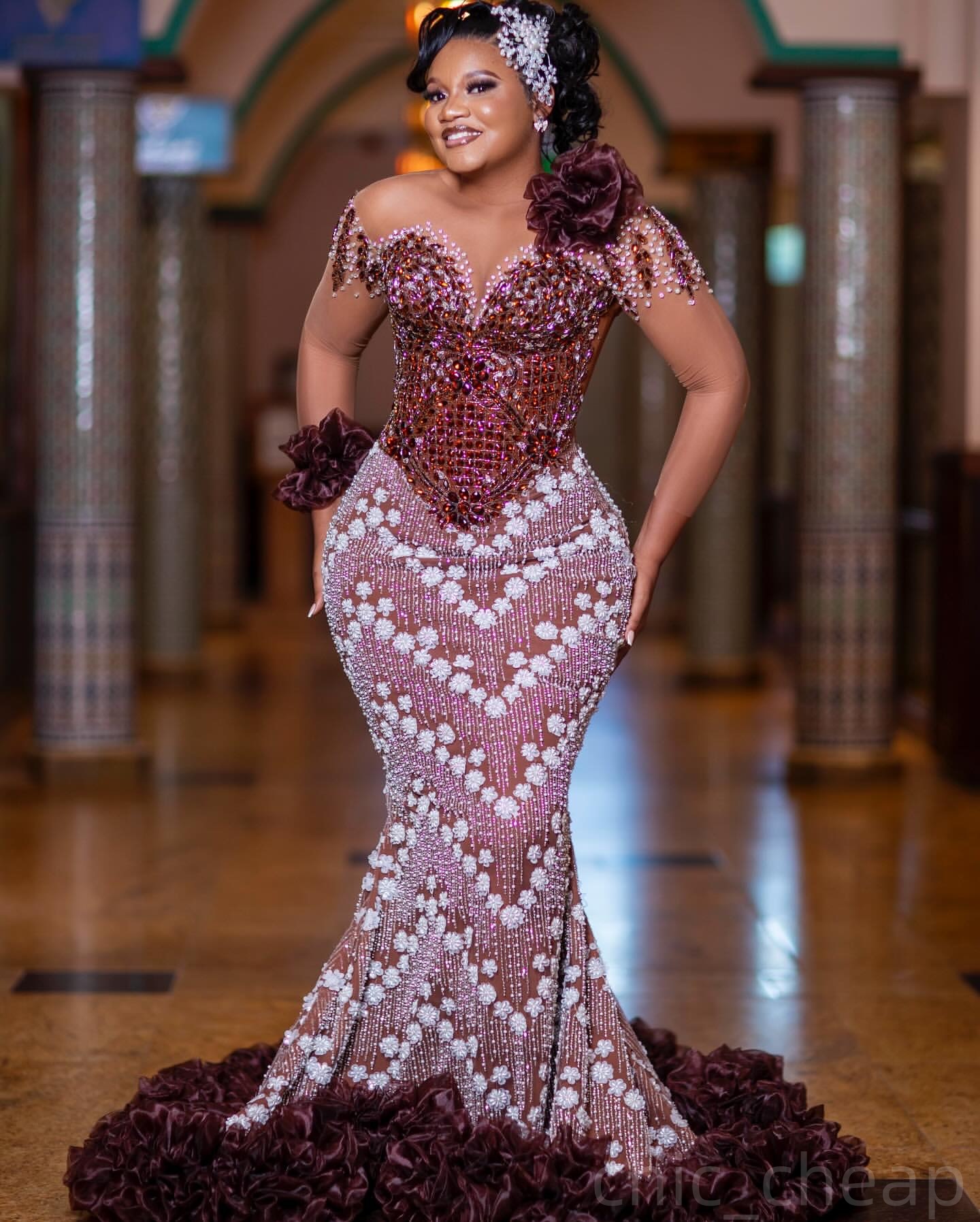 Brown Mermaid Prom Dresses 2025 Crystals Sequined Full Sleeves Evening Formal Party Second Birthday Engagement Gowns Plus Size Dress For Special Occas