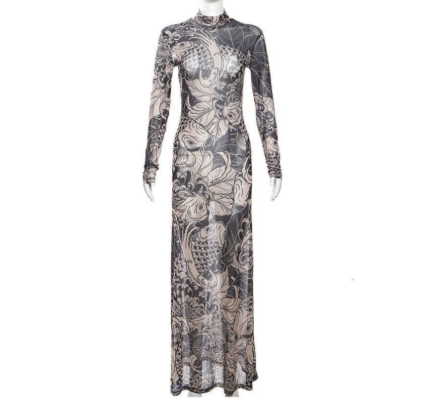Halter Whit Maxi Dresses Slimming Slimming Printed Dress For Women Fashionable And Personalized Perspective High Neck Mesh Long Skirt Prom Sexy Dress