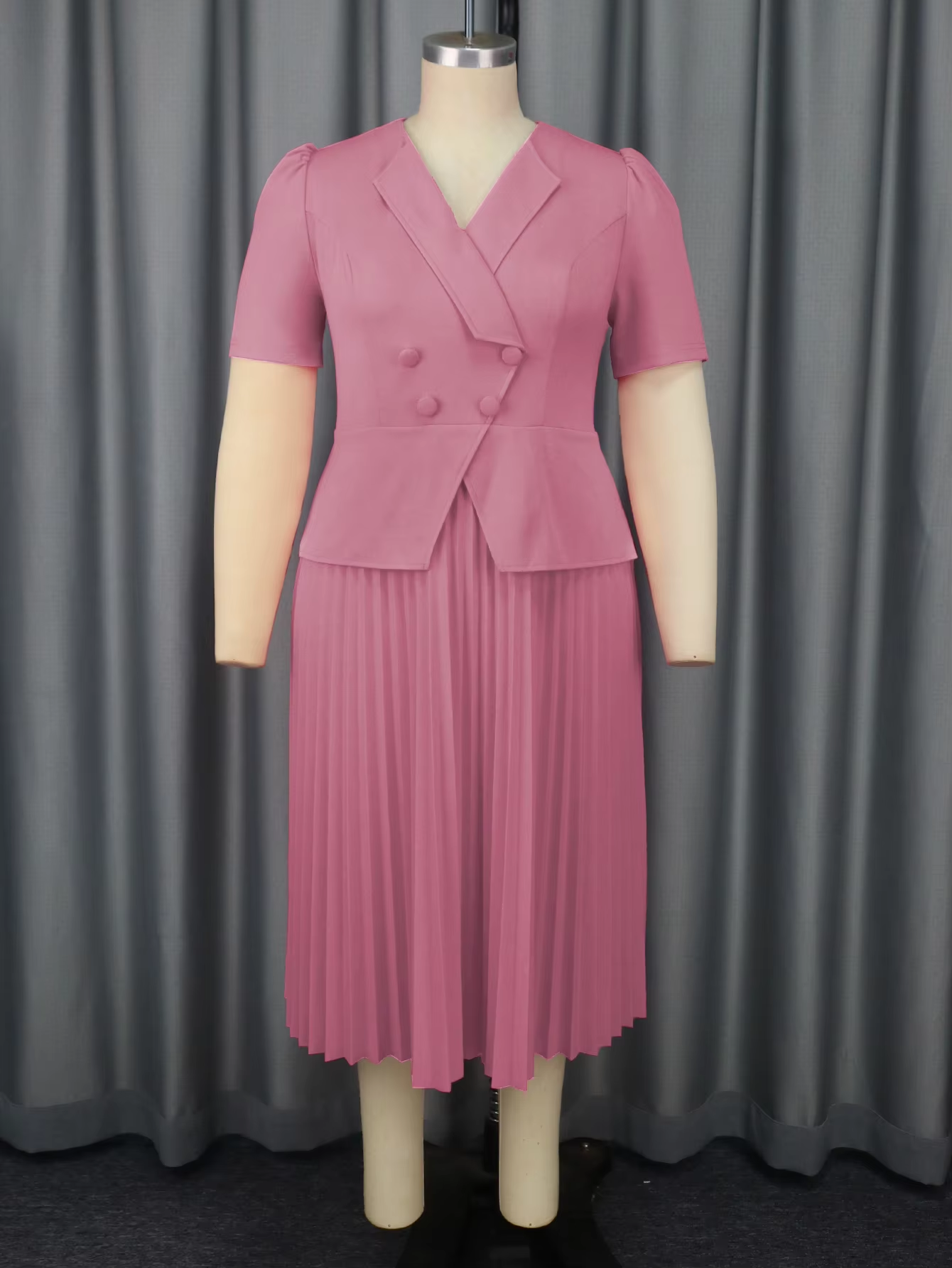 Formal Plus Size Women Career Summer a Line Pleated Wholesale Short Sleeves Lapel Collar Dress AM040922