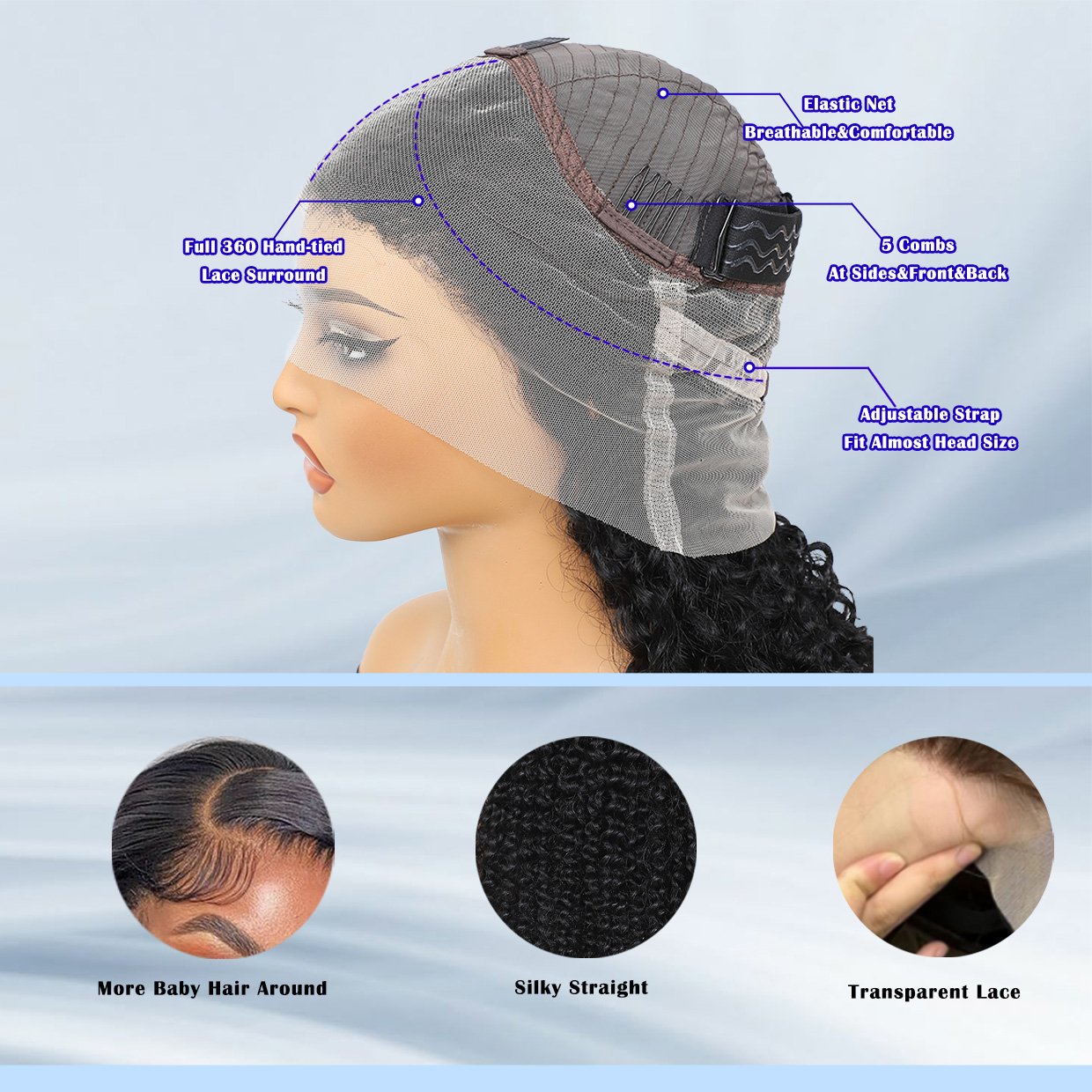 Brazilian Lace Front waterwave wigs: wigs human hair 360 Full Head of Pre-Pulled Curls & Baby Natura Hair