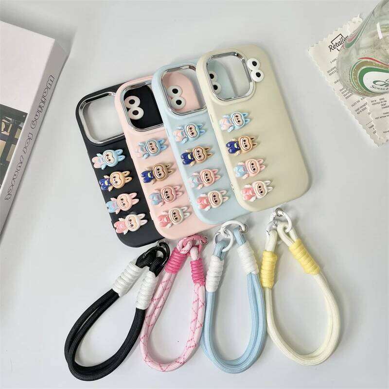 Cell Phone Accessories Labubu 3D Cartoon Phone Case For iPhone 16 promax 15 14 Plus 13 12 11 Pro Max Mini With Wrist Strap Cute Eyes Soft Cover Luxury