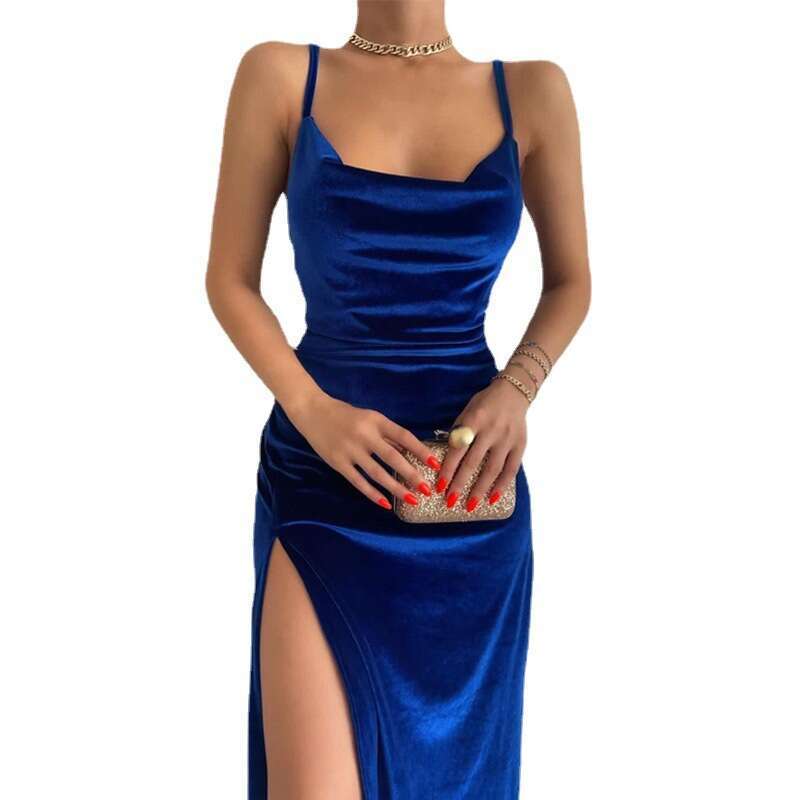 Halter Whit Maxi Dresses Women S Spring Summer Sexy Slim Fit Split Velvet Strap Party Dress Prom Sexy Dress