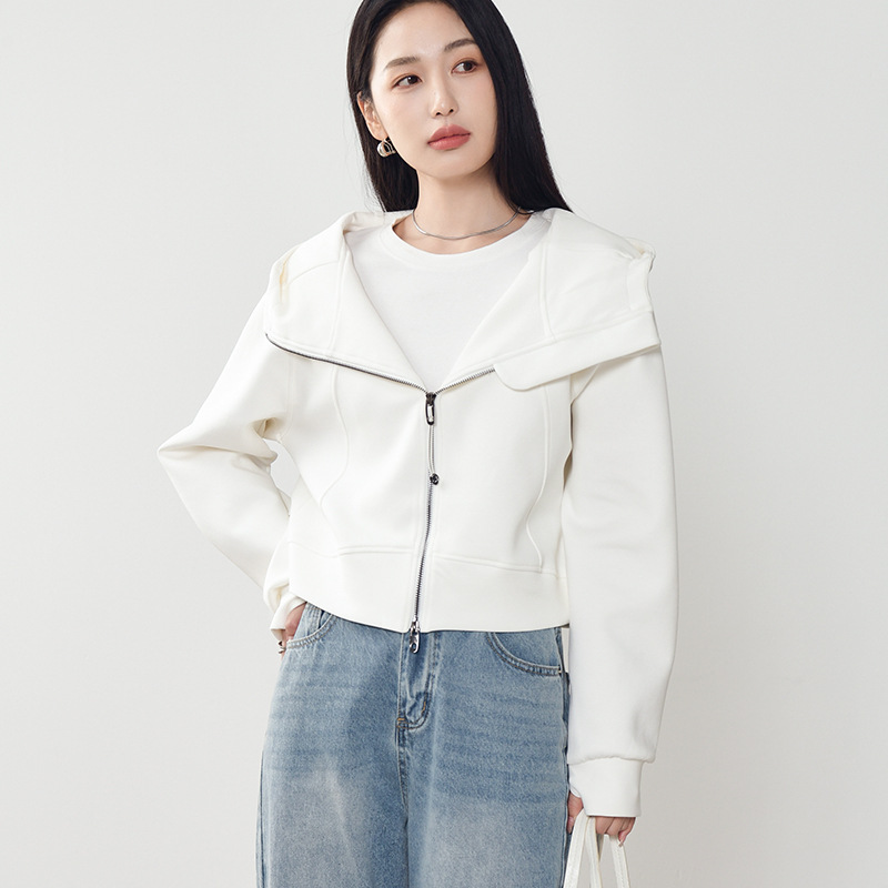 KO1659 Spring new high-end niche cotton hooded sweatshirt loose Korean short zipper cardigan