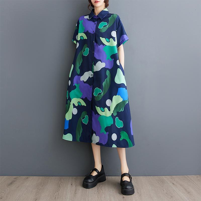 Plus Size Women's Loose Plus Size Summer Renaissance Short Sleeve Shirt Dress Midi Skirt D02387