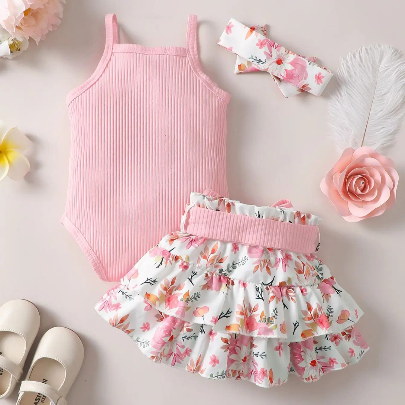 02 Year Old born Baby Girls Summer Sleeveless Suspender Jumpsuit With Floral Print Short Skirt Cute Fashion Toddler Set 250517z