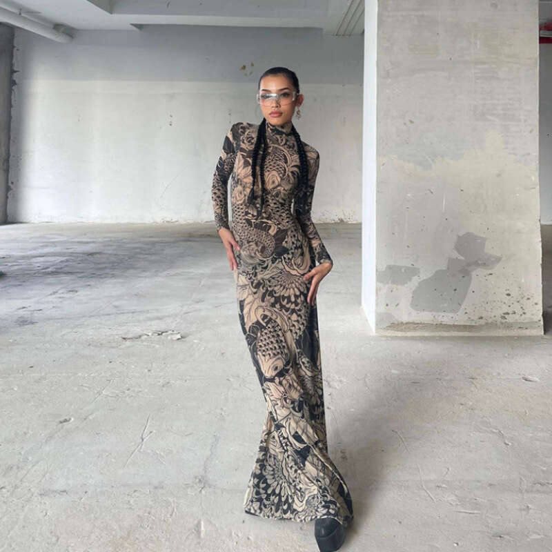 Halter Whit Maxi Dresses Slimming Slimming Printed Dress For Women Fashionable And Personalized Perspective High Neck Mesh Long Skirt Prom Sexy Dress