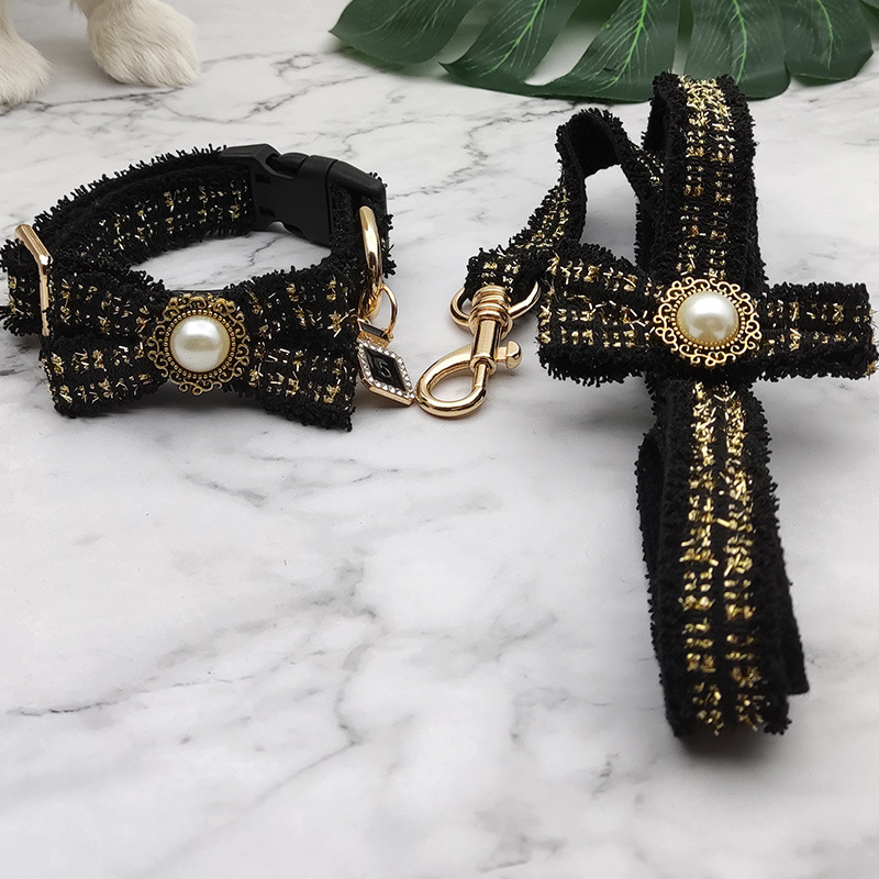 Luxury Princess Style Dog Collar and Leash Set, Unique Soft Handmade Dog Princess Collar with Luxury Bow Exquisite Charm Gold Metal Buckle for Pet Dog