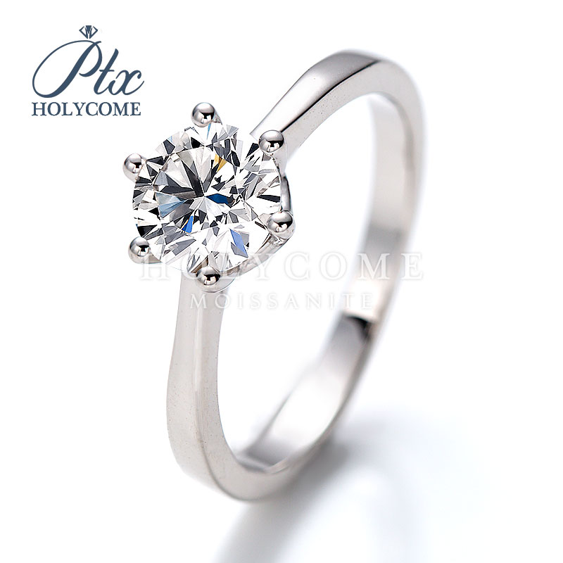 Round Moissanite Band D VVS New Straight Six Claw Design 1ct Single Stone 925 Silver with Diamond Women Luxury Wedding Moissanite Ring