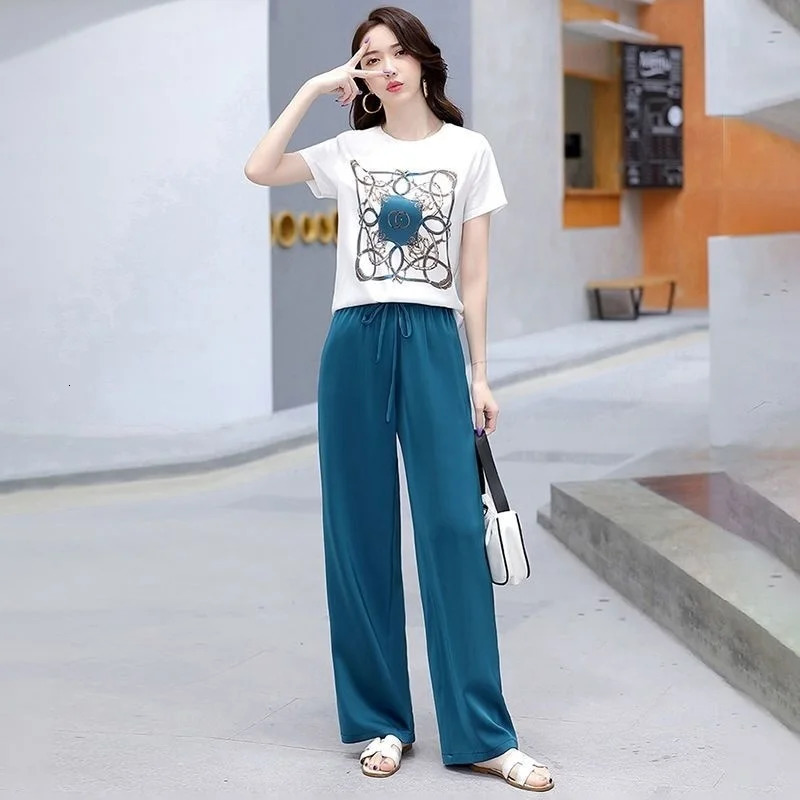 Women Casual Plus Size Clothing Suit 2025 Summer Fashion Large Korean Short Sleeve Top Wide Leg Pants 2 Two Piece Set Female 250513Z