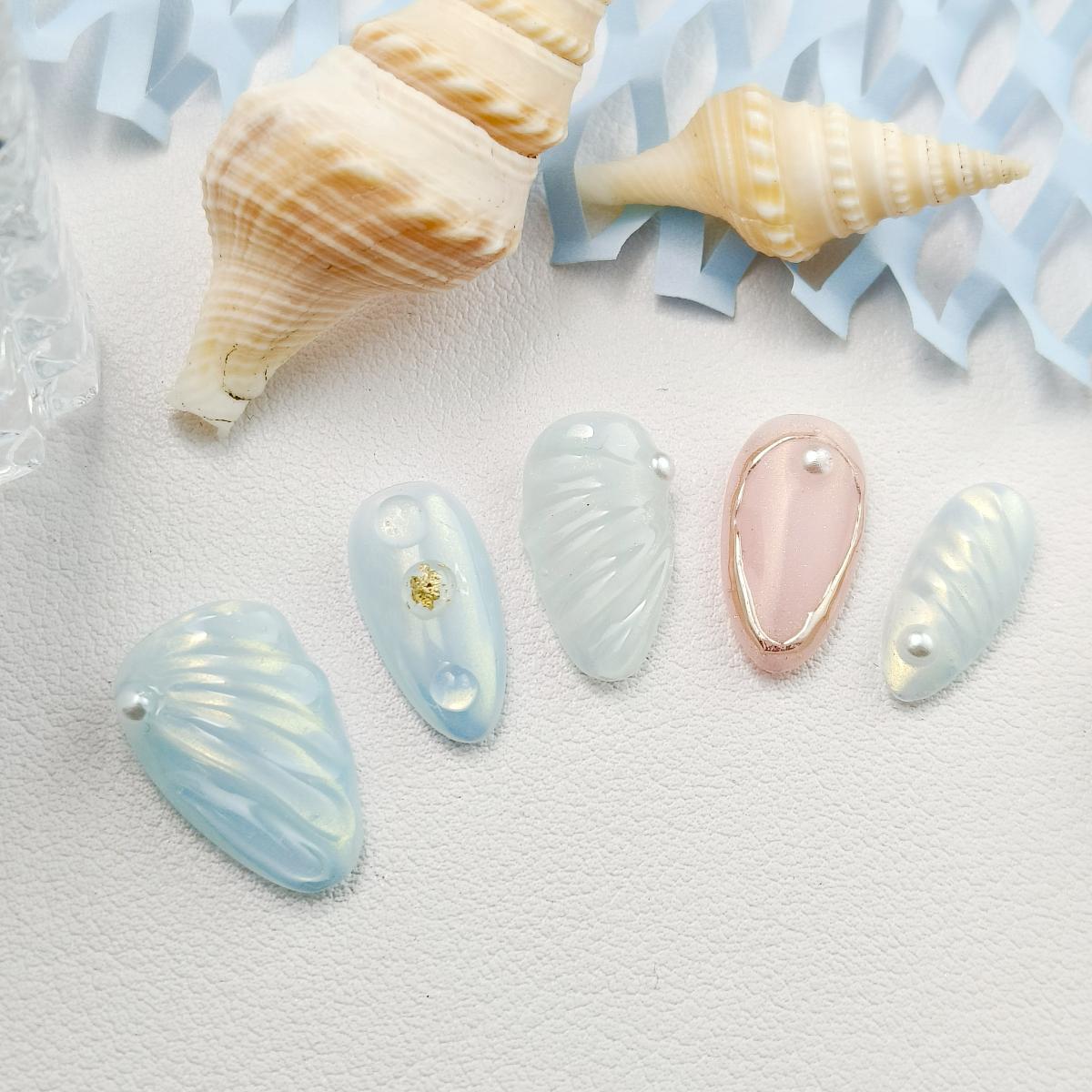 10pcs Ocean series Handmade Press-on nail Shore Almond Nails 3D Hand drawn Fake nails Bundle Sweet Pearl Finished nail stickers Free storage box jelly