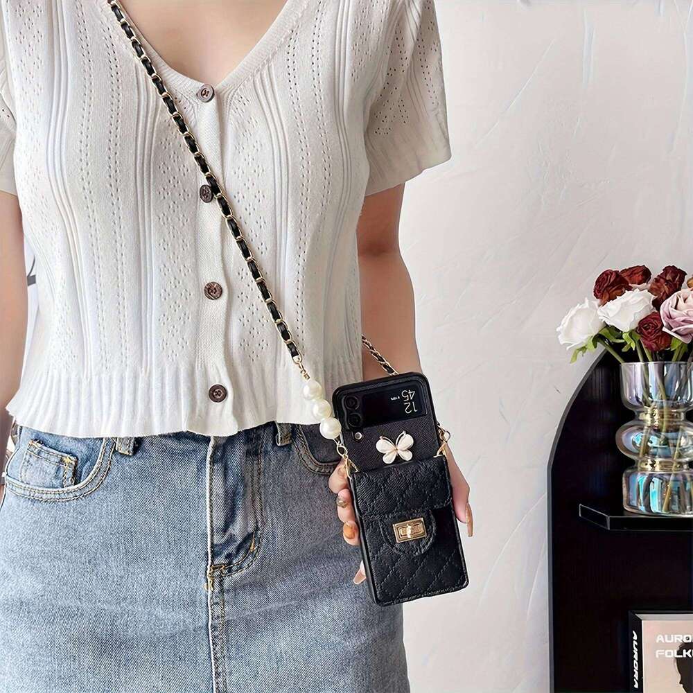 Fashion Leather Folding Phone Butterfly Accessory for Samsung Galaxy Z Flip 6 5 4 3 Girls with Card Case Lanyard