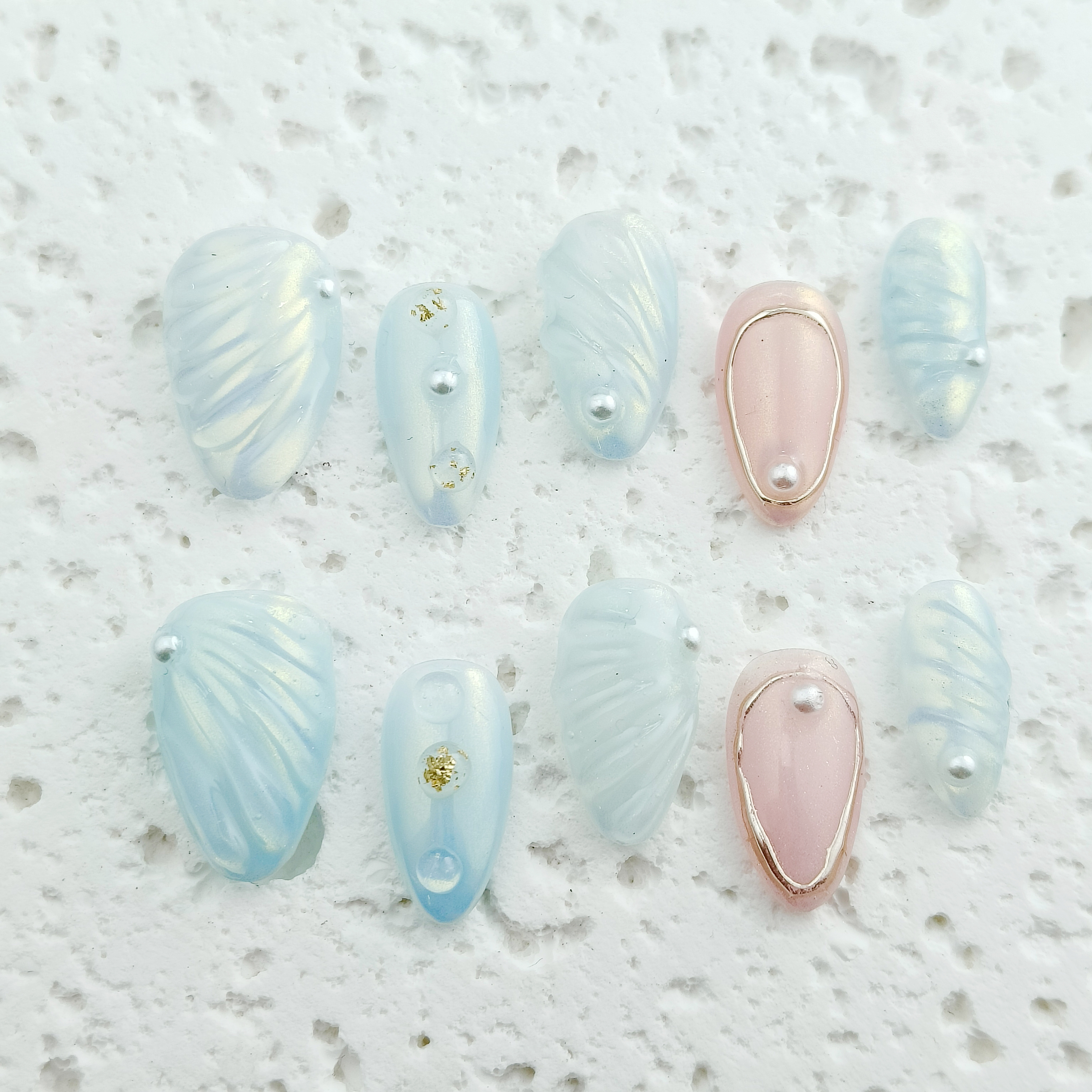 10pcs Ocean series Handmade Press-on nail Shore Almond Nails 3D Hand drawn Fake nails Bundle Sweet Pearl Finished nail stickers Free storage box jelly