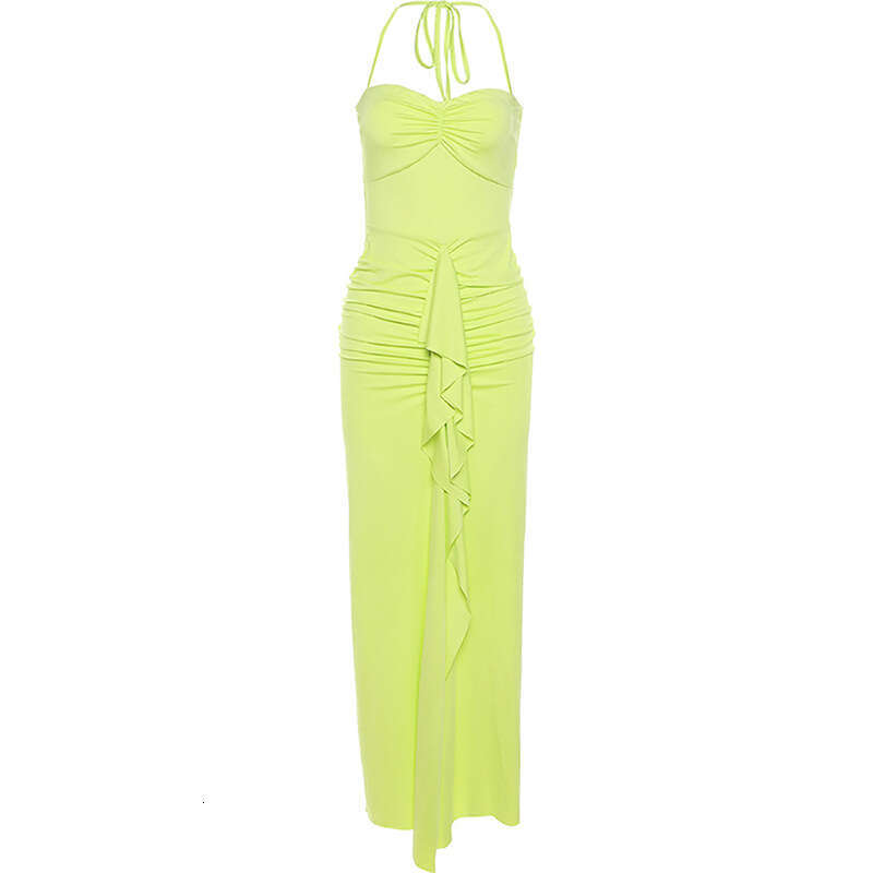 Halter Whit Maxi Dresses Wind Women S Autumn And Winter New Fashion Hanging One Line Neck Pull Pleated Split Slim Fit Dress For Women Prom Sexy Dress
