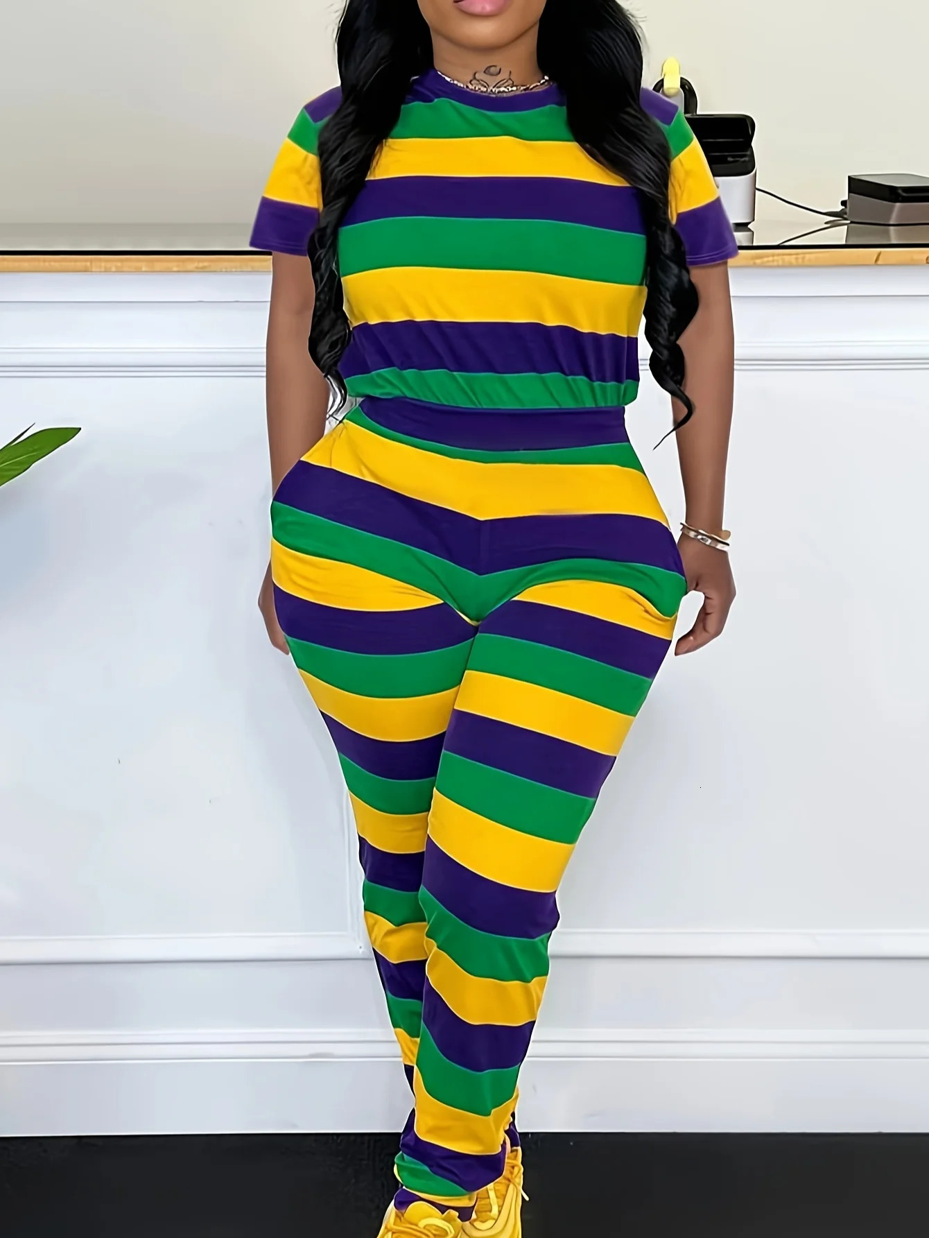 LW Plus Size Pant Two Piece Set Women 2025 summer Casual Crew Neck Short Sleeve Tshirts Lady Striped Large Sets 250516Z