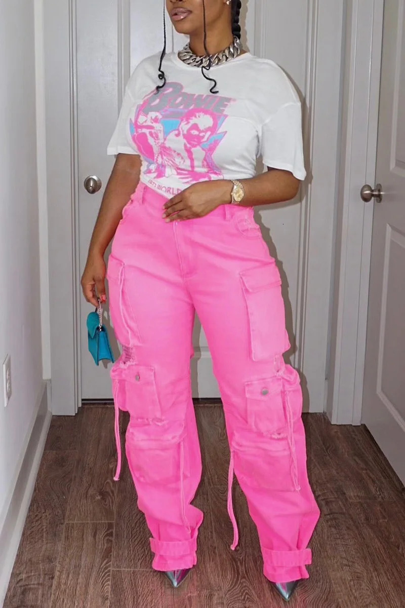 Womens Jeans Cargo Pants Pockets High Waist Y2K Vintage Streetwear Fashion Pink Denim Joggers Plus Size Women 2024 250523