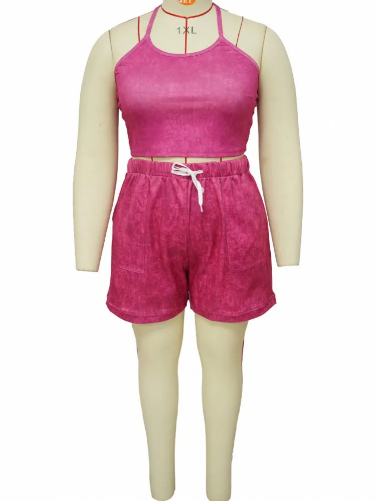 2 Pieces Set Sexy Plus Size Summer Fashion Women Female Tops Sleeveless And Shorts Suit Matching Outfit Oversized 250516Z