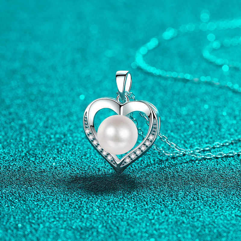 925 Sterling Silver Heart Necklace with Freshwater Pearl & Moissanite Stones, Elegant Gift for Women