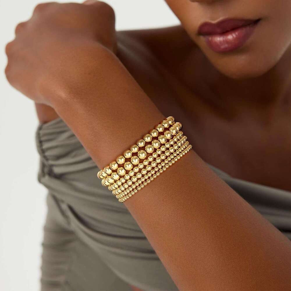 Women, 14K Plated Beaded Bracelets Gold Strand Bead Ball Stack Adjustable Bracelet Set Waterproof Jewelry for Women Gifts Non Tarnish