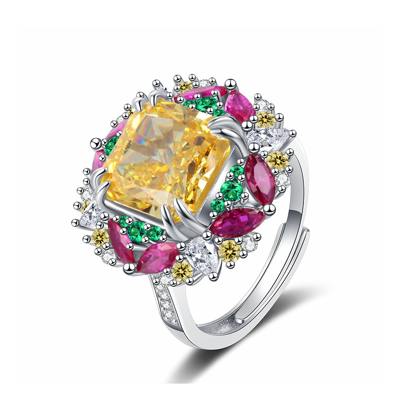 S925 Sterling Silver Yellow High Carbon Diamond Ring, Multicolored Gemstone Open Band Design for Women, Elegant Floral Wedding Ring