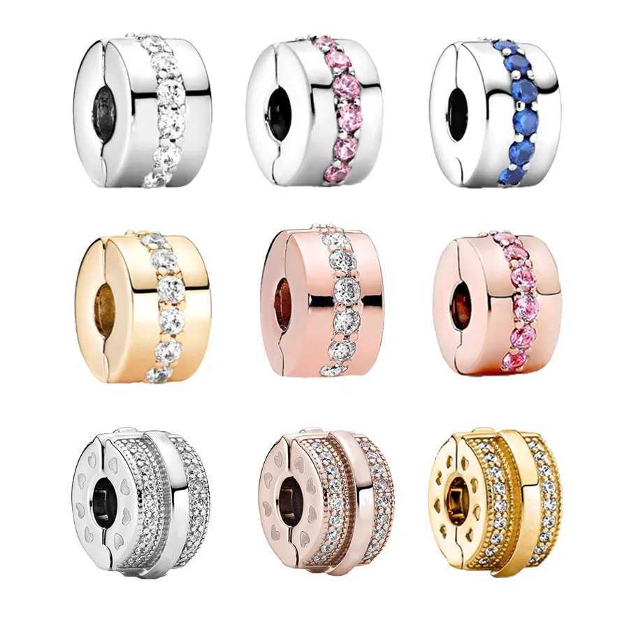 Hot Sale Sparkling ClearRose GoldPink Row Pav Clip Charm Bead Gift Fit Original 925 Sterling Silver Pan Bracelet DIY Jewelry XJ250523
