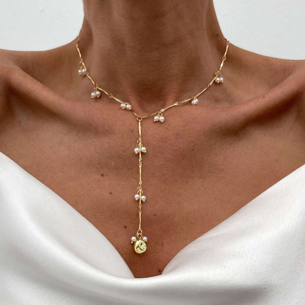 French Inspired Layered Pearl Necklace with Metallic Fringe Pendants Adjustable Bohemian Collarbone Chain Gold Alloy