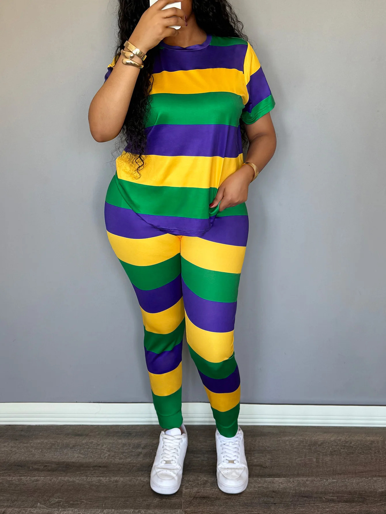 LW Plus Size Pant Two Piece Set Women 2025 summer Casual Crew Neck Short Sleeve Tshirts Lady Striped Large Sets 250516Z