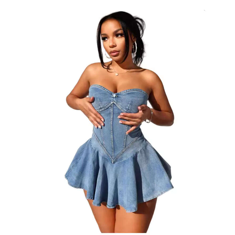 Halter Whit Maxi Dresses New Denim MZ Strapless Slim Fit Elastic Ruffle Edge Dress Prom Sexy Dress