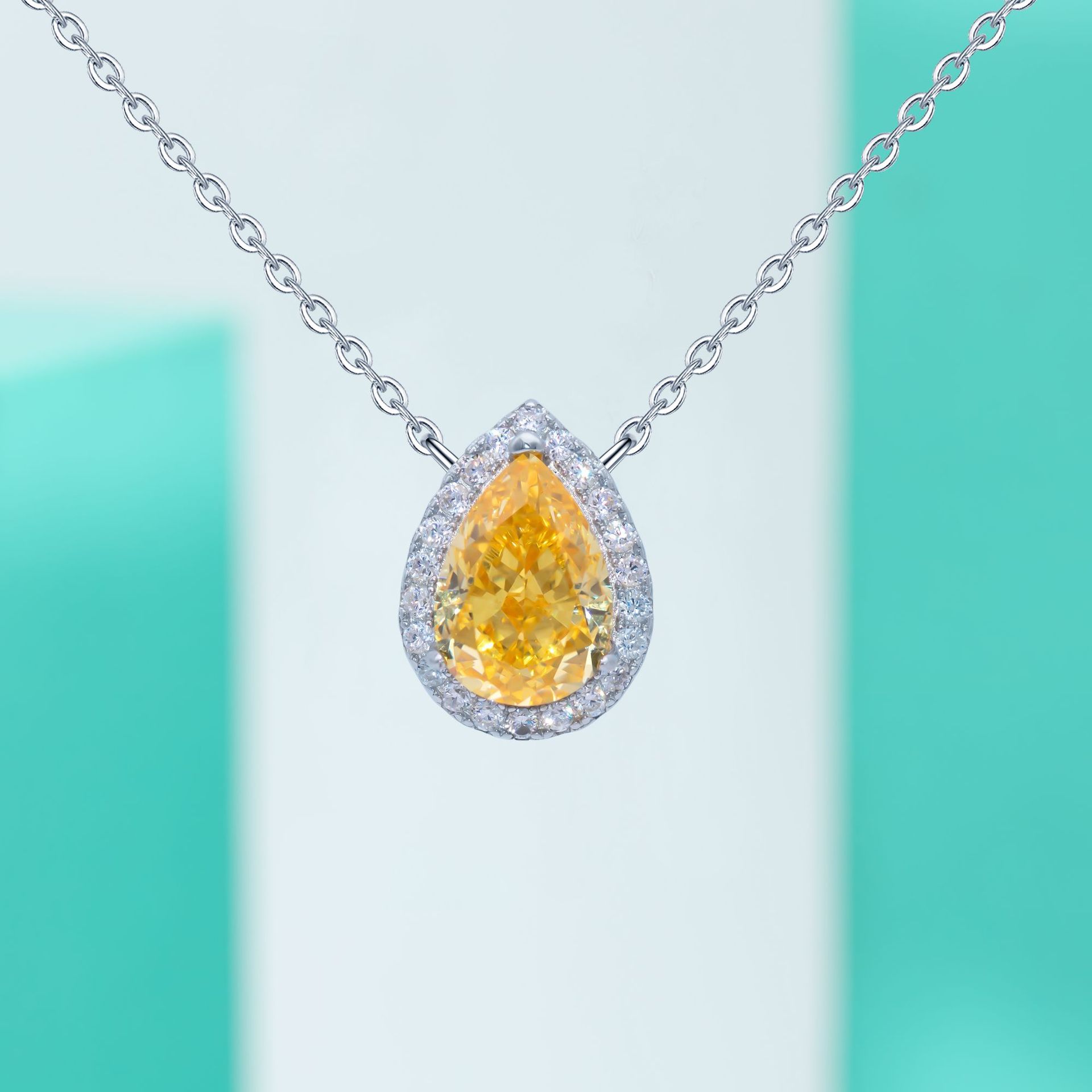 Teardrop Yellow Diamond Necklace, S925 Sterling Silver High Carbon Diamond Pendant, Minimalist Elegant Design, Fashionable Women's Clavicle Chain