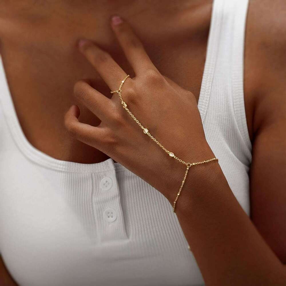 Women,14K Gold/Sier Plated Dainty Hand Trendy Ring Chain Bracelet Charm Gold Cuff Bangle Stackable Bracelets Fashion Body Jewelry Adjustable Waterproo