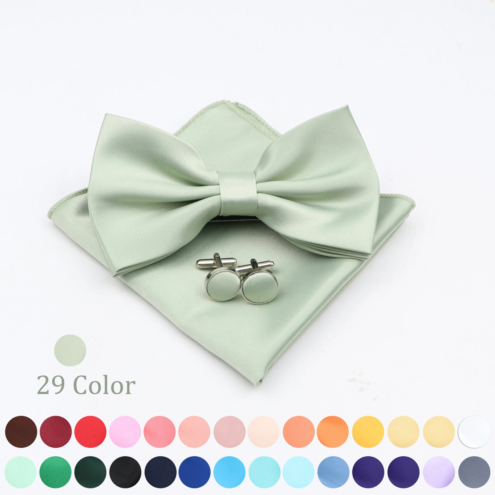 Mens Solid Color Polyester Bowtie Pocket Square Cufflinks Sets Necktie Bow Tie Handkerchief Cuff Links Party Wedding Accessories 250519