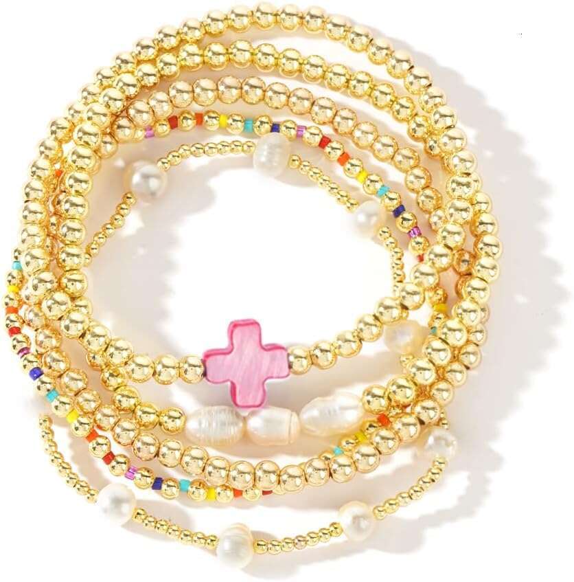 14K Gold Plated Pearl Beaded Cross Bracelets Stack Set for Women,Stretch Boho Colorful Christian Beads Ball Jewelry Friendship Summer Trendy Gift