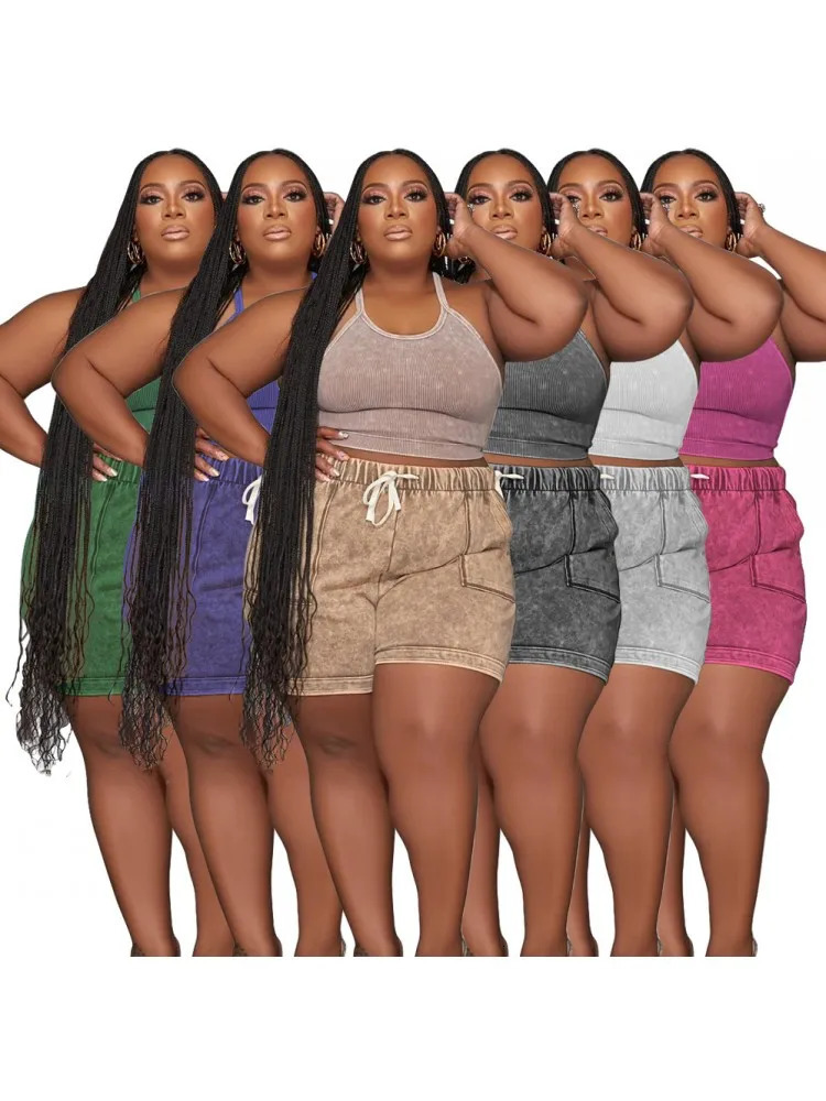 2 Pieces Set Sexy Plus Size Summer Fashion Women Female Tops Sleeveless And Shorts Suit Matching Outfit Oversized 250516Z