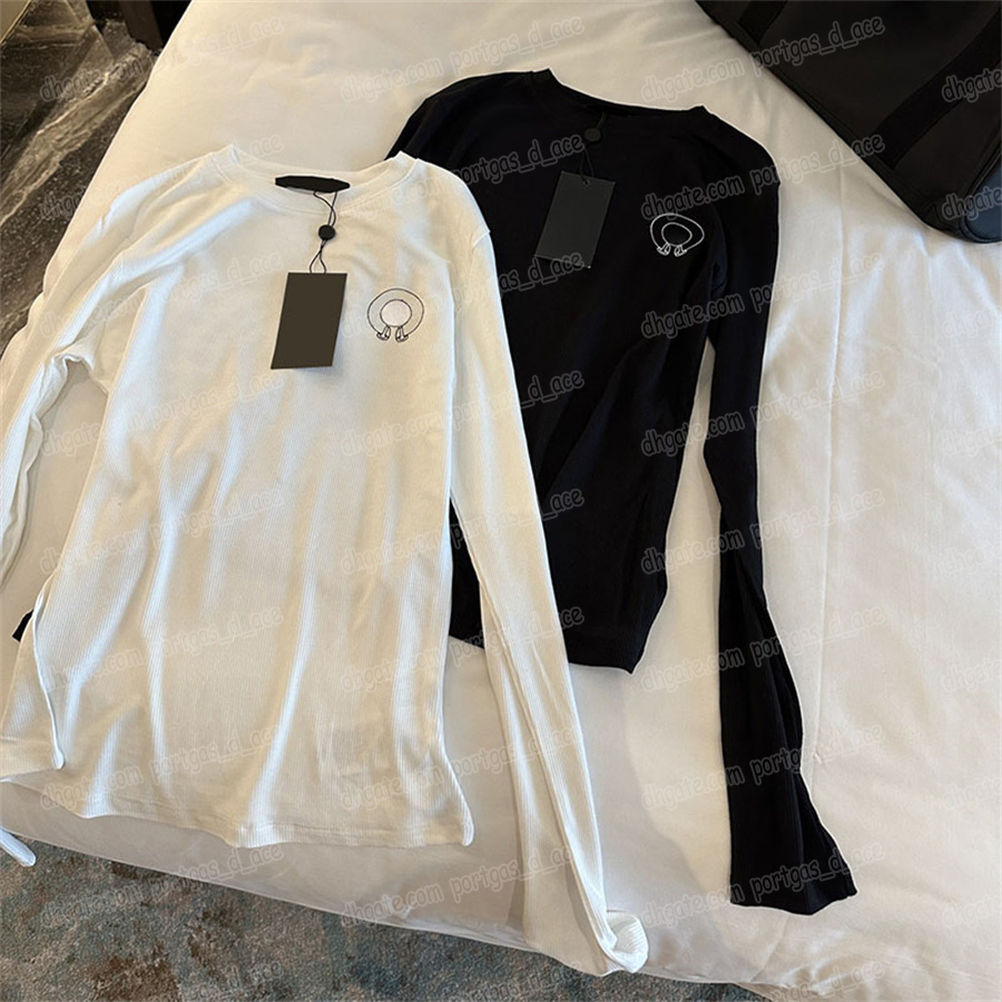 Designer Printed Ribbed T Shirts Women Long Sleeve Round Neck Bottoming Top Brand Back White Street Style Birthday Tops