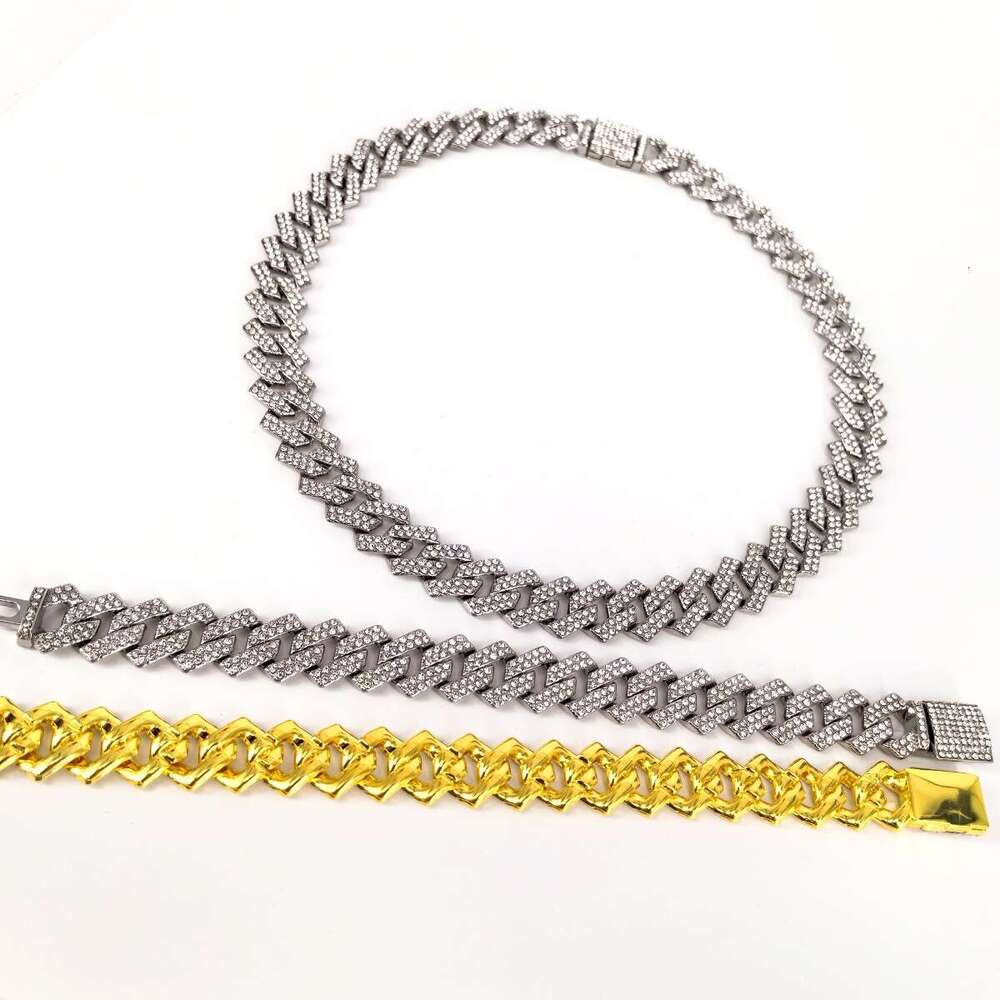 Cuban New 15mm Flap Full Set Dia Hip Hop Style Bracelet Necklace Large Gold Chain