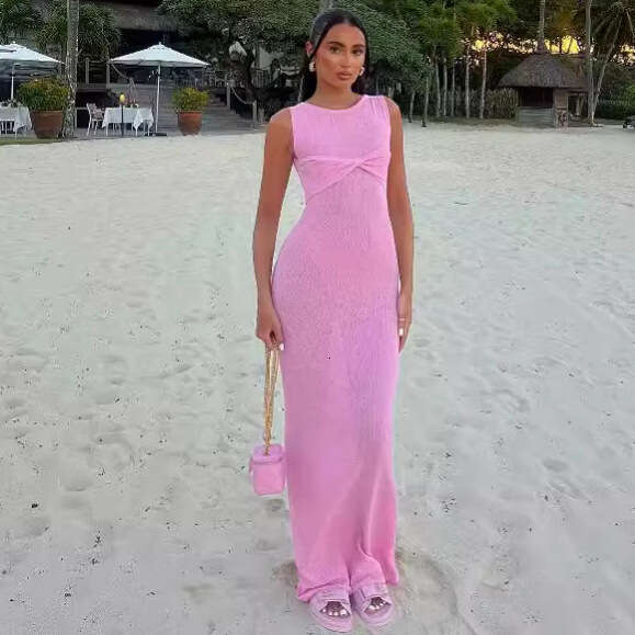 Halter Whit Maxi Dresses Sleeveless Tight Fitting Long Skirt Round Neck Knitted Solid Color Beach Summer Dress Women S Clothing Prom Sexy Dress