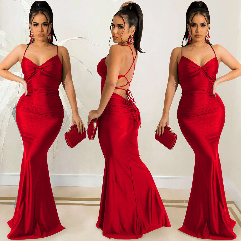 Halter Whit Maxi Dresses Solid Color Sexy Suspender Wrapped Chest And Backless Strap Tight Fitting Long Dress Prom Sexy Dress