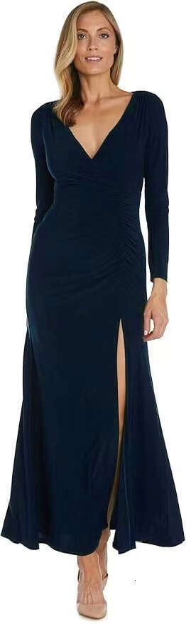 Halter Whit Maxi Dresses New Evening Tight V Neck Ruffles And Side Split Long Sleeve Dress For Women Prom Sexy Dress