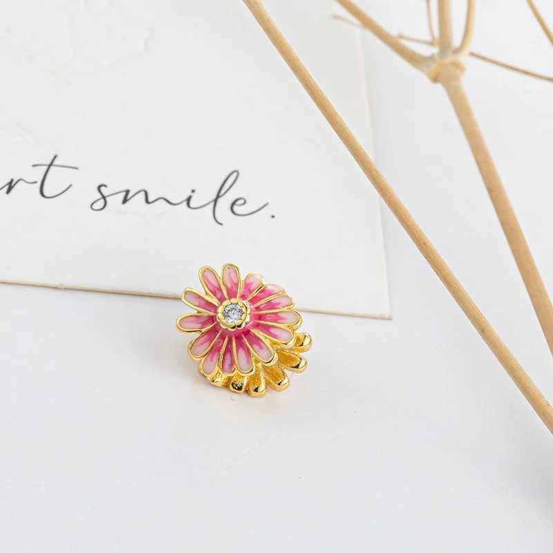 NEW Gold Plated Colourful Bead Jewelry Gift Pink Daisy Flower Cherry Blossom Charm Fit Original Silver 925 Europeans BraceletXJ250523