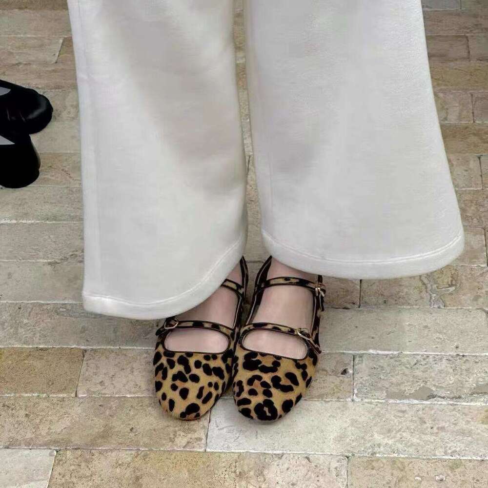High end New Favorite~Versatile Fashion Leopard Pattern Buckle with Flat Bottom Mary Jane Ballet Single Women's Grandma Shoes