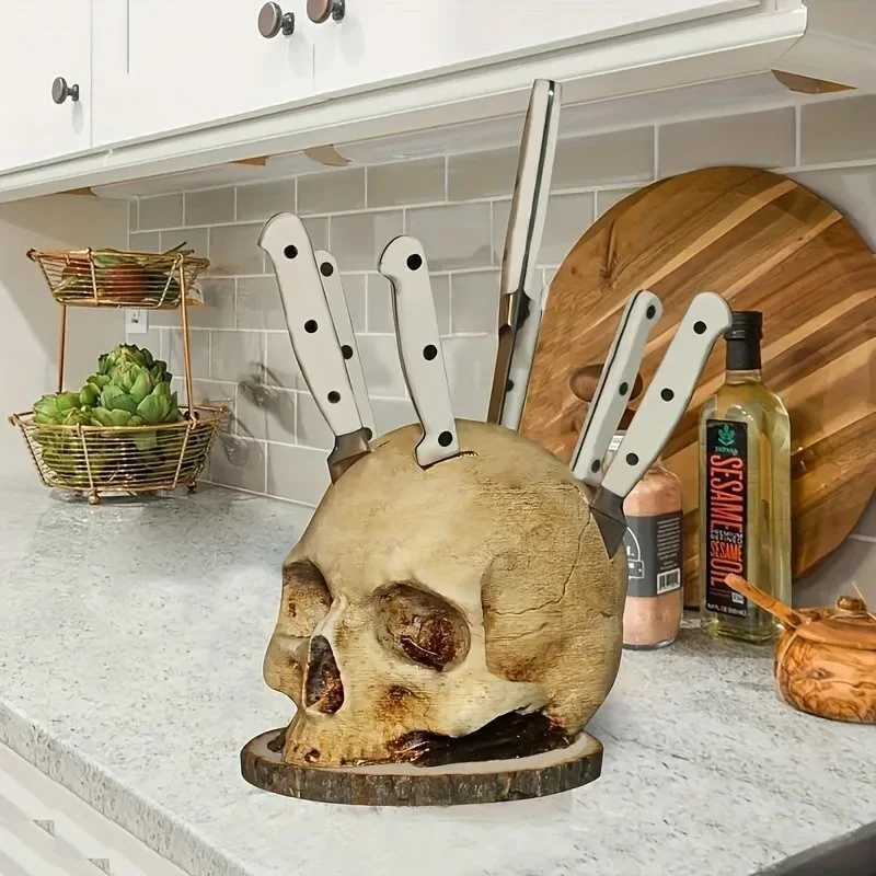 Skull Knife Holder Halloween Horror Kitchen Storage Head Rack Skeleton Knife and Fork Stand Desktop Ornaments Home Decoration Y250522