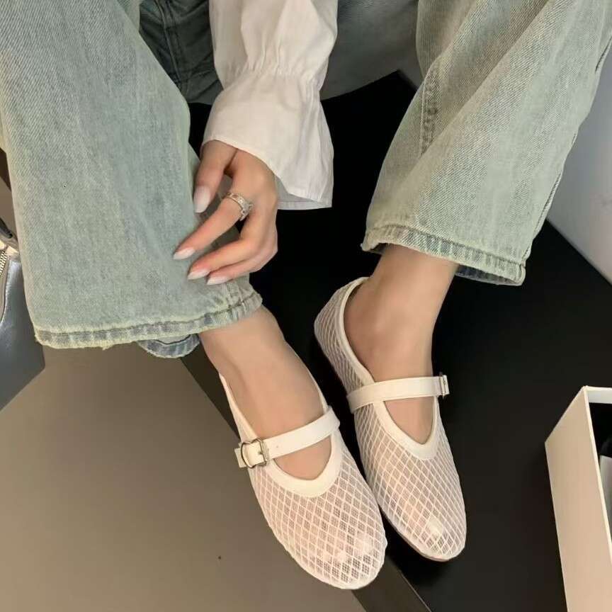 2024 Mesh strap shallow mouth fishing net sandals round toe Mary Jane flat sole single shoe ballet women's shoes
